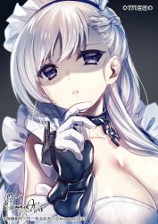 Rule 34 | 1girl, artist name, azur lane, bare shoulders, belfast (azur lane), blue eyes, braid, breasts, chain, cleavage, collar, commentary request, empty eyes, gloves, highres, kanzaki kureha, large breasts, long hair, looking at viewer, maid, maid headdress, open mouth, shaded face, silver hair, solo, twitter username, yandere, yandere trance