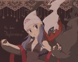 Rule 34 | 1boy, 1girl, artist name, bare shoulders, beanie, black shirt, black skin, blue eyes, blue hair, blue sclera, breasts, collarbone, colored sclera, colored skin, creatures (company), crying, darkrai, dawn (pokemon), empty eyes, eye contact, game freak, gen 4 pokemon, hair ornament, hair over one eye, hairclip, hands up, hat, hetero, holding hands, interlocked fingers, interspecies, legendary pokemon, lemonade kokoi, long hair, looking at another, mythical pokemon, nail polish, nintendo, one eye covered, open mouth, pokemon, pokemon (creature), pokemon dppt, red nails, red scarf, scarf, shirt, sidelocks, signature, sleeveless, sleeveless shirt, small breasts, tears, twitter username, white eyes, white hair, white headwear, wide-eyed