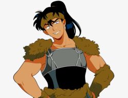 Rule 34 | 1boy, armpits, bad id, bad twitter id, black hair, brown headband, collarbone, commentary, dark-skinned male, dark skin, facial hair, fang, fur trim, grey background, grey eyes, grin, hand on own hip, hands on own hips, headband, high ponytail, inuyasha, kouga, looking at viewer, male focus, moosopp, muscular, muscular male, pointy ears, ponytail, simple background, sleeveless, smile, solo, symbol-only commentary, upper body, white background