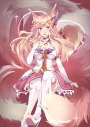 Rule 34 | 1girl, absurdres, ahri (league of legends), alternate costume, alternate eye color, alternate hair color, animal ears, bare shoulders, blonde hair, blue eyes, breasts, choker, cleavage, detached sleeves, fox ears, fox tail, hair ornament, hairband, high heels, highres, large breasts, league of legends, legs, lipstick, long hair, long legs, looking at viewer, magical girl, makeup, multiple tails, parted lips, skirt, solo, star guardian (league of legends), star guardian ahri, stiletto heels, tail, thighhighs, thighs, white thighhighs
