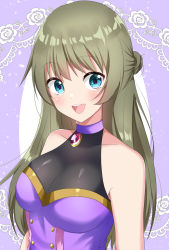 Rule 34 | 1girl, :d, amethyst (stone), aqua eyes, bare arms, bare shoulders, blush, breasts, brooch, buttons, cleavage, collarbone, commentary request, covered collarbone, female focus, gem, gold trim, green hair, hair bun, halterneck, happy, jewelry, long hair, looking at viewer, medium breasts, misaki (misaki86), neck, necklace, open mouth, original, purple background, purple shirt, red gemstone, round teeth, see-through, shirt, sidelocks, single hair bun, sleeveless, sleeveless shirt, smile, solo, teeth, upper body, upper teeth only