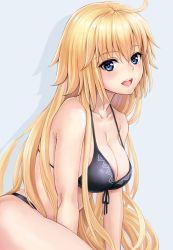 1girl, :d, ahoge, bangs, bare shoulders, bikini, black bikini, blonde hair, blue eyes, breasts, cleavage, commentary request, eyebrows visible through hair, fate/apocrypha, fate (series), front-tie bikini, front-tie top, grey background, hair between eyes, halterneck, highres, jeanne d&#039;arc (fate), jeanne d&#039;arc (fate) (all), large breasts, long hair, looking at viewer, open mouth, revision, shadow, shinno, simple background, smile, solo, swimsuit, very long hair