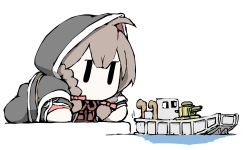 Rule 34 | 1girl, black capelet, black dress, black footwear, boots, braid, brown hair, capelet, chibi, dress, hood, hood up, hooded capelet, kantai collection, long hair, military, military vehicle, motor vehicle, no mouth, ocean, pleated dress, shinshuu maru (kancolle), ship, simple background, solo, tank, task (s task80), twin braids, watching, watercraft, white background, | |