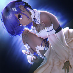 Rule 34 | 1girl, absurdres, bare shoulders, breasts, cleavage, dark-skinned female, dark skin, detached sleeves, dress, fate/grand order, fate/prototype, fate/prototype: fragments of blue and silver, fate (series), hassan of serenity (fate), hassan of serenity (lostroom outfit) (fate), highres, kamo ashi, looking at viewer, lostroom outfit (fate), medium breasts, purple eyes, purple hair, short hair, sidelocks, smile, solo, white dress
