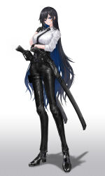 Rule 34 | 1girl, absurdres, aokuma (yuuran create), black gloves, black hair, blue eyes, blue hair, breasts, colored inner hair, formal, full body, gloves, gradient background, grey background, grin, gunblade, highres, long hair, looking at viewer, medium breasts, multicolored hair, necktie, original, pant suit, pants, pouch, sheath, sheathed, smile, solo, standing, suit, thigh pouch, two-tone hair, very long hair, weapon, white background