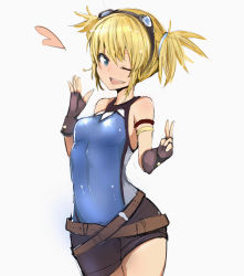 Rule 34 | 10s, 1girl, ;d, black gloves, blonde hair, blue eyes, fang, fingerless gloves, gloves, goggles, goggles on head, granblue fantasy, highres, muoto, one eye closed, open mouth, pengie, short hair, sketch, smile, solo, twintails, v