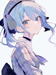 Rule 34 | 1girl, absurdres, beret, blue eyes, blue hair, blue ribbon, blush, closed mouth, earrings, from side, grey hat, grey shirt, hair between eyes, hat, head tilt, highres, hololive, hoshimachi suisei, hoshimachi suisei (1st costume), jewelry, karyln, long hair, long sleeves, looking at viewer, neck ribbon, plaid, plaid headwear, plaid shirt, ribbon, sailor collar, shirt, side ponytail, simple background, smile, solo, star (symbol), star earrings, star in eye, symbol in eye, upper body, virtual youtuber, white background, white sailor collar