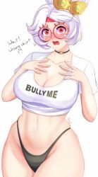 Rule 34 | 1girl, anisdrawn, black choker, black panties, blush, breasts, choker, cleavage, clothes writing, commentary, commentary request, crop top, english text, glasses, hands on own chest, hands up, highres, jewelry, large breasts, looking at viewer, midriff, navel, nintendo, no pants, open mouth, panties, purah, red-framed eyewear, red eyes, round eyewear, sheikah, shirt, short sleeves, simple background, sitting, solo, stomach, t-shirt, the legend of zelda, the legend of zelda: tears of the kingdom, thighs, underwear, white background, white hair, white shirt