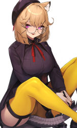 Rule 34 | 1girl, :3, animal ear fluff, animal ears, arknights, asymmetrical legwear, black footwear, black hat, black shirt, black skirt, blush, breast pocket, breasts, fang, female focus, garter straps, glasses, hair between eyes, hair ornament, hairclip, hat, highres, holding, holding pen, large breasts, light brown hair, long sleeves, looking at viewer, neck ribbon, official alternate costume, pantyhose, parted lips, pen, pink eyes, pleated skirt, pocket, red ribbon, ribbon, shinetuitta, shirt, short hair, simple background, single leg pantyhose, single thighhigh, sitting, skirt, solo, tail, thighhighs, utage (arknights), utage (disguise) (arknights), white background, yellow pantyhose, yellow thighhighs