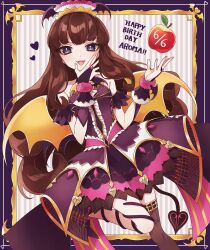Rule 34 | 1girl, :d, ao (ao0 0nemu), apple, bad id, bad twitter id, blue eyes, border, bridal gauntlets, brown hair, character name, commentary request, demon tail, demon wings, dress, fake wings, food, fruit, hand on own face, hands up, happy birthday, highres, idol clothes, kurosu aroma, long hair, looking at viewer, open mouth, pretty series, pripara, purple border, purple dress, red apple, single thighhigh, smile, solo, standing, standing on one leg, tail, thighhighs, very long hair, wings