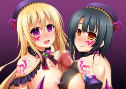 Rule 34 | 1boy, 2girls, :d, alternate costume, alternate eye color, atago (kancolle), bare back, bare shoulders, beret, black hair, blonde hair, blush, breast press, breasts, breasts out, breasts squeezed together, censored, cleavage, collarbone, constricted pupils, cooperative paizuri, corruption, covered erect nipples, dark persona, faceless, faceless male, ffm threesome, frills, group sex, hat, kantai collection, lipstick, long hair, looking at viewer, makeup, militia minpei, mosaic censoring, multiple girls, open mouth, paizuri, paizuri over clothes, penis, purple eyes, revealing clothes, short hair, sideboob, smile, takao (kancolle), tattoo, threesome, yellow eyes