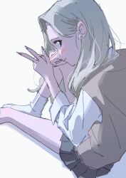 Rule 34 | 1girl, black eyes, blonde hair, blush, closed mouth, collared shirt, earrings, facing away, fingernails, grey nails, hamafugu, hand on own knee, highres, jewelry, leg up, legs, long fingernails, long hair, long sleeves, looking at viewer, looking back, miniskirt, nail polish, original, outstretched legs, pleated skirt, school uniform, shirt, simple background, sitting, skirt, sleeves rolled up, socks, solo, stud earrings, sweater vest, v, white background, white shirt
