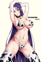 Rule 34 | 1girl, absurdres, animal ears, animal print, armpits, arms up, bare shoulders, bell, bikini, black choker, blush, breasts, choker, cleavage, collarbone, copyright name, cow ears, cow print, cow print bikini, cowbell, dated, elbow gloves, fate/grand order, fate (series), gloves, highres, large breasts, long hair, looking at viewer, minamoto no raikou (fate), navel, parted bangs, parted lips, print bikini, purple eyes, purple hair, side-tie bikini bottom, simple background, smile, solo, swimsuit, thighhighs, thighs, very long hair, white bikini, white gloves, white thighhighs, xiao gen