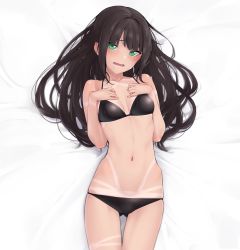 Rule 34 | 1girl, absurdres, bare arms, bare shoulders, bed sheet, bikini, bikini tan, black bikini, black hair, blush, breasts, cleavage, collarbone, gluteal fold, green eyes, hands on own chest, highres, kurosawa dia, long hair, looking at viewer, love live!, love live! sunshine!!, lying, mole, mole under mouth, nasuno (nasuno42), navel, on back, on bed, open mouth, skindentation, small breasts, solo, stomach, swimsuit, tan, tanline, thigh gap