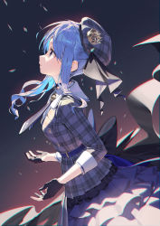 Rule 34 | 1girl, beret, black gloves, blue hair, blue hat, blue skirt, blue sleeves, closed mouth, commentary request, crown, fingerless gloves, frilled skirt, frills, gloves, gradient background, hat, highres, hololive, hoshimachi suisei, hoshimachi suisei (1st costume), kitada mo, long sleeves, looking away, looking up, medium hair, plaid, plaid headwear, plaid shirt, profile, shirt, sidelocks, skirt, solo, virtual youtuber