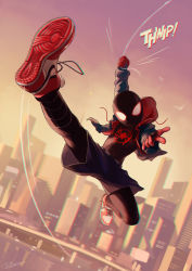 Rule 34 | 1boy, black shorts, bodysuit, building, chromatic aberration, city, cityscape, commentary request, full body, hood, hoodie, kicking, male focus, marvel, mask, midair, miles morales, motion lines, noeyebrow (mauve), open clothes, open hoodie, red footwear, shoes, shorts, skyscraper, sneakers, solo, sound effects, spider-man: into the spider-verse, spider-man (miles morales), spider-man (series), spider-verse, spider web print, superhero costume