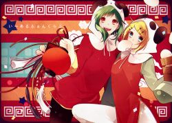 Rule 34 | 2girls, bamboo steamer, baozi, blonde hair, china dress, chinese clothes, dress, food, green hair, gumi, hair ornament, hairclip, kagamine rin, lantern, looking at viewer, multiple girls, open mouth, panda hat, red eyes, short hair, smile, vocaloid, yi er fan club (vocaloid), yori (y rsy)