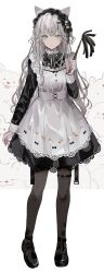 Rule 34 | 1girl, animal ears, apron, black dress, black pantyhose, cat ears, cat girl, chiemo (xcem), dress, duster, full body, grey hair, hairband, highres, holding, holding duster, lolita hairband, long hair, long sleeves, looking at viewer, maid, maid apron, original, pantyhose, simple background, white apron, white background