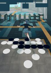 1girl absurdres blue_eyes blue_hair blue_skirt board_game bob_cut commentary_request fare_gate full_body go_(board_game) hallway highres ishinoshita_shou jacket looking_at_viewer looking_back medium_hair open_clothes open_jacket open_mouth original outstretched_arms running shirt skirt solo spread_fingers subway_station tactile_paving tile_floor tiles white_shirt