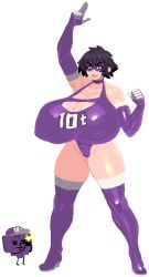 Rule 34 | 10-ton, 1girl, boku no hero academia, boots, breasts, elbow gloves, gigantic breasts, gloves, leotard, pointing, pointing up, purple hair, purple leotard, s-purple, short hair, smile, thigh boots, thighhighs