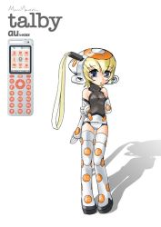 Rule 34 | 1girl, bare shoulders, blonde hair, blue eyes, boots, cellphone, collarbone, elbow gloves, full body, gloves, katahira masashi, phone, product girl, shadow, short hair, solo, standing, thigh boots, thighhighs
