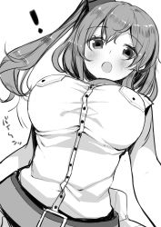 Rule 34 | !, 10s, 1girl, absurdres, bad id, bad twitter id, belt, breast pocket, buta tamako, dress, greyscale, highres, kantai collection, long hair, monochrome, open mouth, pocket, ponytail, saratoga (kancolle), side ponytail, solo, surprised