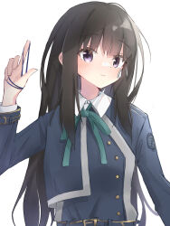 Rule 34 | 1girl, absurdres, bandage on face, bandages, belt, black hair, blue shirt, bow, bowtie, buttons, closed mouth, collared shirt, dot nose, fertilizerrrr, green bow, green bowtie, hand up, highres, holding, index finger raised, inoue takina, light smile, long hair, long sleeves, looking at viewer, lycoris recoil, lycoris uniform, purple eyes, rubber band, shirt, sidelocks, simple background, solo, upper body, white background