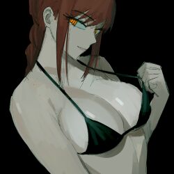 Rule 34 | 1girl, bikini, bikini pull, black background, breasts, chainsaw man, cleavage, clothes pull, large breasts, looking to the side, makima (chainsaw man), medium breasts, ponytail, red hair, ringed eyes, sketch, solo, swimsuit, upper body, yellow eyes, zeon (zzeeonn)