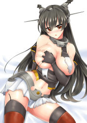 Rule 34 | 10s, 1girl, bare shoulders, bed sheet, black hair, blush, breasts, covered erect nipples, covering privates, covering breasts, elbow gloves, fingerless gloves, gloves, hairband, headgear, highres, kantai collection, kikumon, large breasts, long hair, microskirt, midriff, miyuki rei, nagato (kancolle), navel, open mouth, red eyes, red thighhighs, simple background, skirt, solo, thighhighs, torn clothes, zettai ryouiki