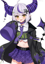 Rule 34 | 1girl, absurdres, ahoge, belt, black belt, black jacket, choker, collared shirt, crescent, crescent hair ornament, cropped shirt, cross hair ornament, demon horns, flame print, hair ornament, highres, hololive, horns, jacket, la+ darknesss, la+ darknesss (casual), looking at viewer, necktie, official alternate costume, open mouth, plaid, plaid skirt, purple choker, purple necktie, purple skirt, shirt, short hair, skirt, sleeves past fingers, sleeves past wrists, smile, szkmocchi, virtual youtuber, white shirt, yellow eyes
