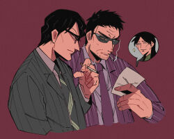 Rule 34 | 2boys, black hair, character request, cigarette, closed mouth, collared shirt, commentary request, cropped torso, endou yuuji, expressionless, formal, grey jacket, grey necktie, grey shirt, highres, holding, holding cigarette, holding photo, inudori, itou kaiji, jacket, kaiji, long sleeves, male focus, multiple boys, necktie, photo (object), purple jacket, purple necktie, red background, shirt, short bangs, short hair, simple background, smoking, striped clothes, striped jacket, striped necktie, suit, sunglasses, upper body, very short hair