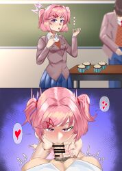 Rule 34 | 1boy, 1girl, bar censor, blush, breasts, censored, clothed male nude female, clothed sex, cupcake, doki doki literature club, fellatio, food, heart, hetero, looking at viewer, male pubic hair, medium hair, natsuki (doki doki literature club), nipples, nude, open mouth, oral, penis grab, pink eyes, pink hair, pov, pubic hair, sex, small breasts, speech bubble, sweat, thought bubble, tongue, tongue out, twintails