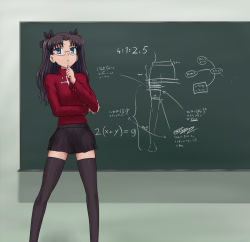 Rule 34 | 1girl, black thighhighs, blue eyes, chalkboard, drawfag, fate/stay night, fate (series), glasses, hand on own chin, how to, long legs, math, raised eyebrow, science, skirt, solo, stroking own chin, sweater, thighhighs, thinking, tohsaka rin, twintails, two side up, zettai ryouiki