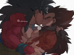Rule 34 | 2boys, abs, armband, bara, black hair, blue eyes, blush, body fur, closed eyes, couple, dragon ball, dragon ball gt, hairy, hand on another&#039;s arm, hand on another&#039;s neck, highres, kiss, large pectorals, long hair, male focus, mature male, multiple boys, muscular, muscular male, nipples, onore, pectoral docking, pectoral press, pectorals, red fur, sash, son goku, speech bubble, spiked hair, super saiyan, super saiyan 4, sweatdrop, thick eyebrows, topless male, translated, upper body, vegeta, white background, widow&#039;s peak, yaoi