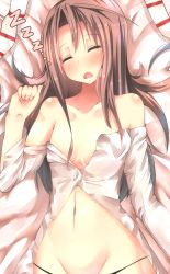 Rule 34 | 10s, 1girl, atsutoku, bad id, bad pixiv id, bare shoulders, black panties, blush, brown hair, closed eyes, clothes pull, collarbone, cowboy shot, female focus, flat chest, groin, highres, kantai collection, long hair, navel, open mouth, out-of-frame censoring, panties, shirt pull, sleeping, solo, underwear, zuihou (kancolle)