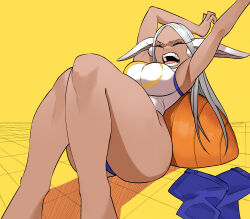 Rule 34 | 1girl, absurdres, animal ears, armpits, arms up, bare arms, boku no hero academia, closed eyes, dark-skinned female, dark skin, highres, knees together feet apart, koyap, legs, leotard, long hair, mirko, on floor, open mouth, rabbit ears, simple background, solo, stretching, teeth, white hair, yawning, yellow background