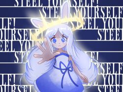 Rule 34 | 1girl, absurdres, animal ears, blue dress, blue eyes, blue ribbon, closed mouth, commentary, cowboy shot, dated commentary, dress, english text, fire halo, frown, gradient dress, halo, highres, long hair, looking at viewer, mira peppy, rabbit and steel, rabbit ears, rabbit girl, rabbit of the moon shira, reaching, reaching towards viewer, ribbon, solo, strapless, strapless dress, thick eyebrows, very long hair, white dress, white hair, yellow halo
