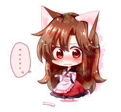 Rule 34 | 1girl, animal ears, blush, bone, brooch, brown hair, chibi, dress, embarrassed, imaizumi kagerou, jewelry, long hair, long sleeves, looking at viewer, red eyes, simple background, solo, speech bubble, tail, totoharu (kujirai minato), touhou, wavy mouth, wolf ears, wolf tail