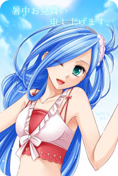 Rule 34 | 1girl, :d, blue hair, blue sky, bow, collarbone, dana (ys), day, eyes visible through hair, falcom, floating hair, green eyes, hair ornament, hair over one eye, long hair, looking at viewer, midriff, open mouth, oto falcom, outdoors, red bow, sky, smile, solo, stomach, sun, upper body, very long hair, ys, ys viii lacrimosa of dana