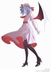 Rule 34 | 1girl, absurdres, ascot, bat wings, black footwear, black thighhighs, blue hair, blush, bow, chinese commentary, closed mouth, collared dress, commentary, copyright notice, dress, footwear bow, frilled sleeves, frills, frown, full body, hat, hat ribbon, high heels, highres, iouley, knees together feet apart, looking at viewer, looking down, mob cap, pink dress, pink hat, pointy ears, red ascot, red bow, red eyes, red ribbon, remilia scarlet, ribbon, short sleeves, simple background, solo, thighhighs, touhou, tsurime, white background, wings, wrist cuffs