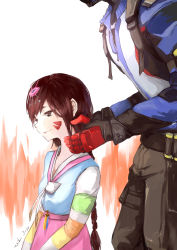 Rule 34 | 1boy, 1girl, absurdres, aged down, alternate costume, alternate hairstyle, black pants, braid, breasts, brown eyes, brown hair, d.va (overwatch), facepaint, facial mark, gloves, hair ornament, hanbok, hand in another&#039;s hair, head out of frame, height difference, highres, jacket, korean clothes, leaning forward, light smile, long hair, long sleeves, mask, official alternate costume, overwatch, overwatch 1, palanquin d.va, pants, pink skirt, rabbit hair ornament, red gloves, sketch, skirt, small breasts, smile, soldier: 76 (overwatch), striped, striped sleeves, tokiku, tying hair, upper body, whisker markings