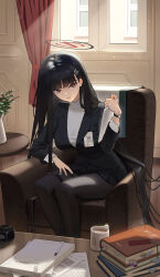 Rule 34 | 1girl, black hair, black jacket, black pantyhose, blue archive, book, book stack, breasts, bright pupils, byo chyo, chair, coffee mug, cup, easy chair, hair ornament, hairclip, halo, highres, holding, holding tablet pc, id card, jacket, large breasts, long hair, looking at viewer, lounge chair, mug, on chair, pantyhose, plant, potted plant, red eyes, rio (blue archive), sitting, smile, solo, sweater, tablet pc, turtleneck, turtleneck sweater, very long hair, watch, white pupils, white sweater, window, wristwatch