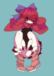 Rule 34 | 1girl, blouse, blue background, boots, bow, cape, covering own mouth, fingernails, foreshortening, hair bow, looking at viewer, ngayope, one eye closed, reaching, red eyes, red hair, sekibanki, sharp fingernails, shirt, short hair, skirt, solo, touhou