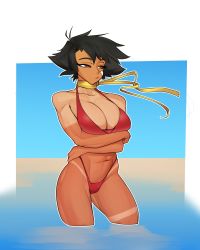 Rule 34 | 1girl, abs, absurdres, bandaid, bandaid on cheek, bandaid on face, bikini, black hair, breasts, brothbowl, brown eyes, choker, cleavage, commentary, cropped legs, crossed arms, dark-skinned female, dark skin, english commentary, highleg, highleg bikini, highres, large breasts, looking to the side, makoto (street fighter), muscular, muscular female, navel, red bikini, ribbon choker, short hair, solo, street fighter, street fighter iii (series), swimsuit, tan, tanline, thick thighs, thighs, yellow choker