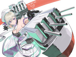 Rule 34 | 1girl, bare shoulders, black gloves, blonde hair, breasts, cannon, cleavage, dated, dress, gegeron, gloves, highres, jean bart (kancolle), kantai collection, large breasts, machinery, mole, mole under eye, pointing, purple eyes, scarf, serious, solo, strapless, strapless dress, white dress, white headwear, white scarf