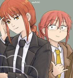 Rule 34 | 2girls, black jacket, black necktie, brown eyes, brown jacket, chainsaw man, collared shirt, color connection, glasses, grey background, hair color connection, jacket, kobayashi-san chi no maidragon, kobayashi (maidragon), long hair, long sleeves, looking at viewer, makima (chainsaw man), multiple girls, necktie, ponytail, red hair, roytukaee, shirt, sidelocks, signature, simple background, smile, upper body, white shirt, yellow necktie