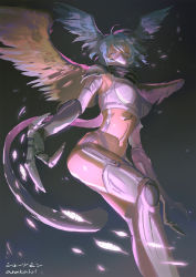Rule 34 | 1girl, araka101, armpits, artist name, bikini, black background, blue eyes, blue hair, boots, breasts, character name, claws, commentary request, covered mouth, cowboy shot, detached sleeves, digimon, digimon (creature), digimon frontier, facial mark, feathered wings, feathers, floating, garter straps, gauntlets, hair between eyes, hair wings, highleg, highleg bikini, highres, looking at viewer, mask, medium breasts, midriff, mouth mask, navel, purple bikini, purple footwear, purple sleeves, scarf, short hair, shoulder pads, shutumon, sidelocks, simple background, solo, swimsuit, thigh boots, thighhighs, wings