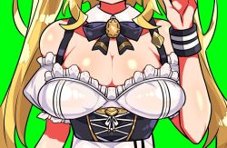 Rule 34 | 1girl, blonde hair, bow, breast focus, breasts, cleavage, close-up, collarbone, commentary request, corset, derivative work, detached collar, frills, green background, head out of frame, kanikama, large breasts, long hair, nijisanji, screenshot redraw, see-through, shiny skin, simple background, solo, takamiya rion, very long hair, virtual youtuber