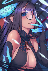 Rule 34 | 1girl, adjusting eyewear, bare shoulders, black dress, black gloves, black headwear, blue eyes, blunt bangs, blush, breasts, center opening, cleavage, dress, elbow gloves, fate/grand order, fate (series), glasses, gloves, hair ornament, large breasts, leaf hair ornament, long hair, looking at viewer, parted lips, purple hair, rotix, solo, very long hair, yang guifei (fate), yang guifei (third ascension) (fate)