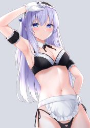 Rule 34 | 1girl, apron, arm up, armpits, bad id, bad twitter id, bare shoulders, black bra, black panties, blue eyes, blush, bra, breasts, cleavage, closed mouth, cowboy shot, detached collar, detached sleeves, frills, gloves, grey background, groin, hair bobbles, hair ornament, half updo, hand on own hip, heart cutout, highleg, highleg panties, karutamo, light purple hair, long hair, looking at viewer, maid, maid apron, maid day, maid headdress, medium breasts, mole, mole under eye, navel, original, panties, side-tie panties, simple background, solo, stomach, string panties, underwear, underwear only, waist apron, white gloves